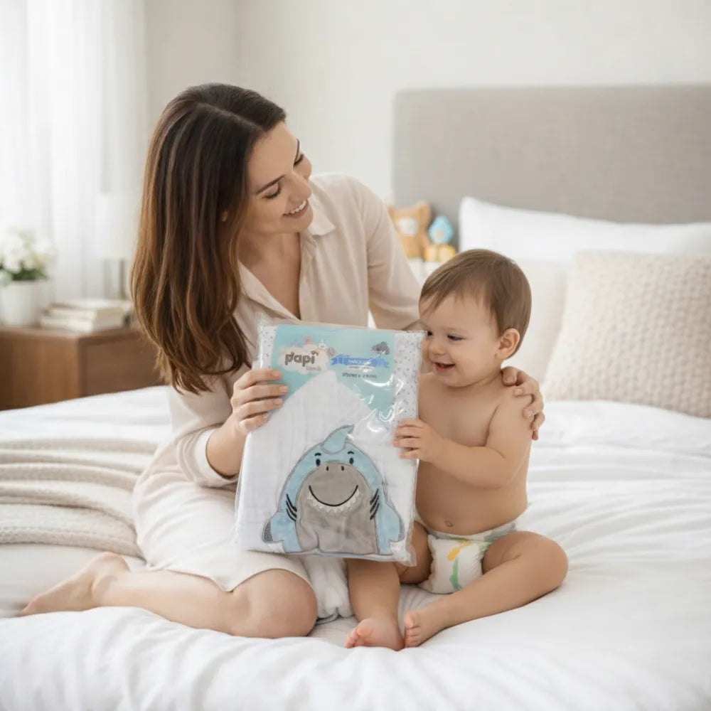 Mãe segurando a embalagem da toalha fralda com capuz da Papi Friends ao lado do bebê sobre a cama.