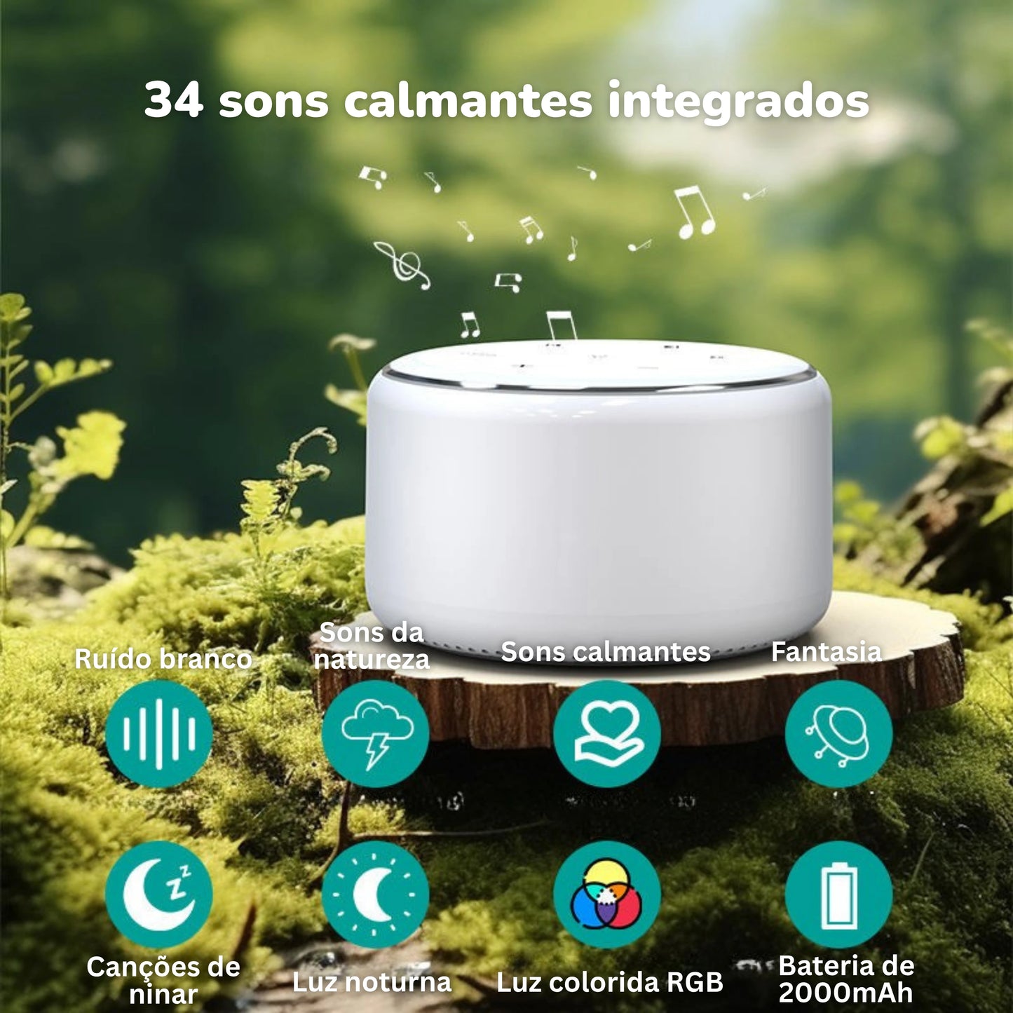 Aparelho de ruído branco portátil, cor branca, com alto-falante e botões de controle
