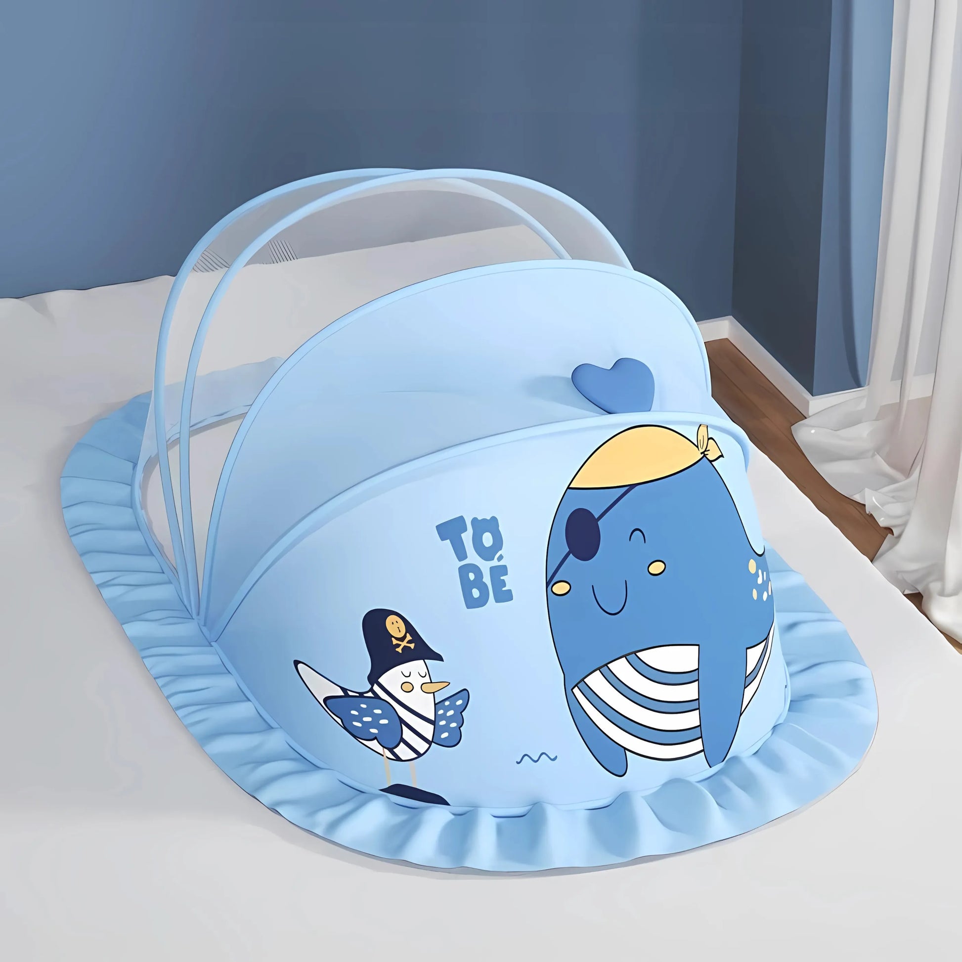 Mosquiteiro portátil para bebê com design de baleia azul, ideal de 0 a 5 anos