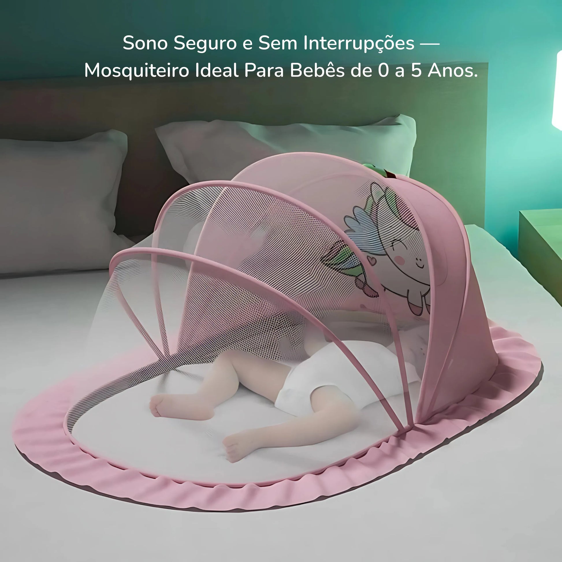 Mosquiteiro rosa para berço com estampa de unicórnio, estrutura dobrável e proteção em tela para bebês de até 5 anos