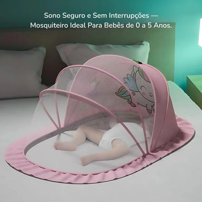 Mosquiteiro rosa para berço com estampa de unicórnio, estrutura dobrável e proteção em tela para bebês de até 5 anos