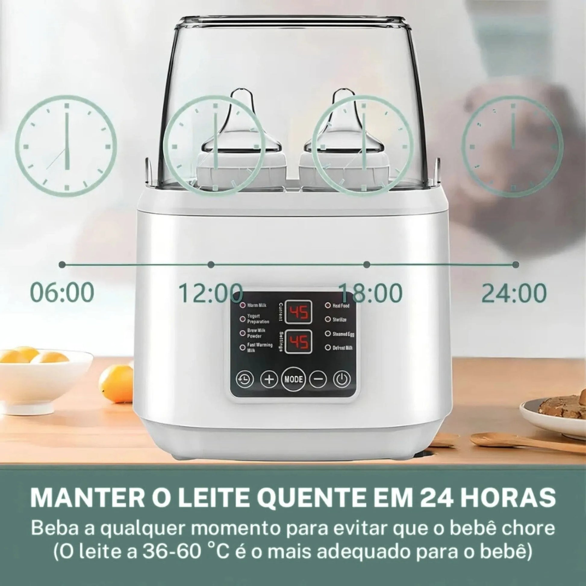 Aquecedor de mamadeira Heats Up Pro mantendo leite quente por 24 horas, ideal para facilitar a rotina noturna do bebê. Esterilizador de mamadeira elétrico 4 em 1.