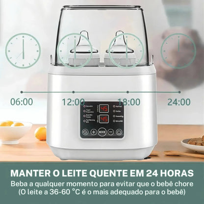 Aquecedor de mamadeira Heats Up Pro mantendo leite quente por 24 horas, ideal para facilitar a rotina noturna do bebê. Esterilizador de mamadeira elétrico 4 em 1.