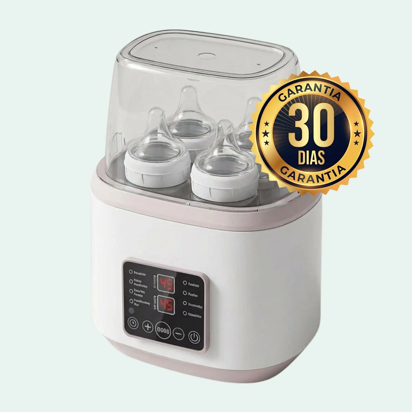Esterilizador e aquecedor de mamadeira elétrico Heats Up Pro com selo de garantia de 30 dias, ideal para aquecer leite e alimentos do bebê com segurança.