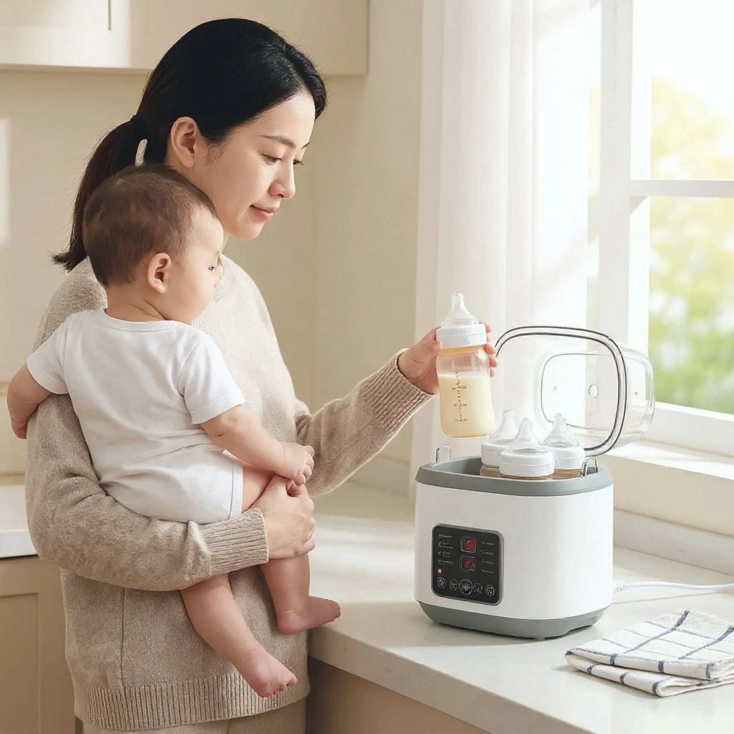 Mãe preparando mamadeira usando o aquecedor e esterilizador de mamadeira Heats Up Pro, aquecedor de mamadeira portátil seguro e rápido.