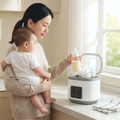 Mãe preparando mamadeira usando o aquecedor e esterilizador de mamadeira Heats Up Pro, aquecedor de mamadeira portátil seguro e rápido.