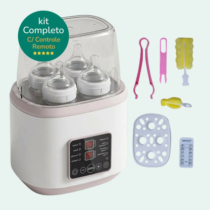 Kit completo do Heats Up Pro com acessórios para esterilização e controle remoto. Esterilizador de mamadeira elétrico 4 em 1 semelhante ao Avent.