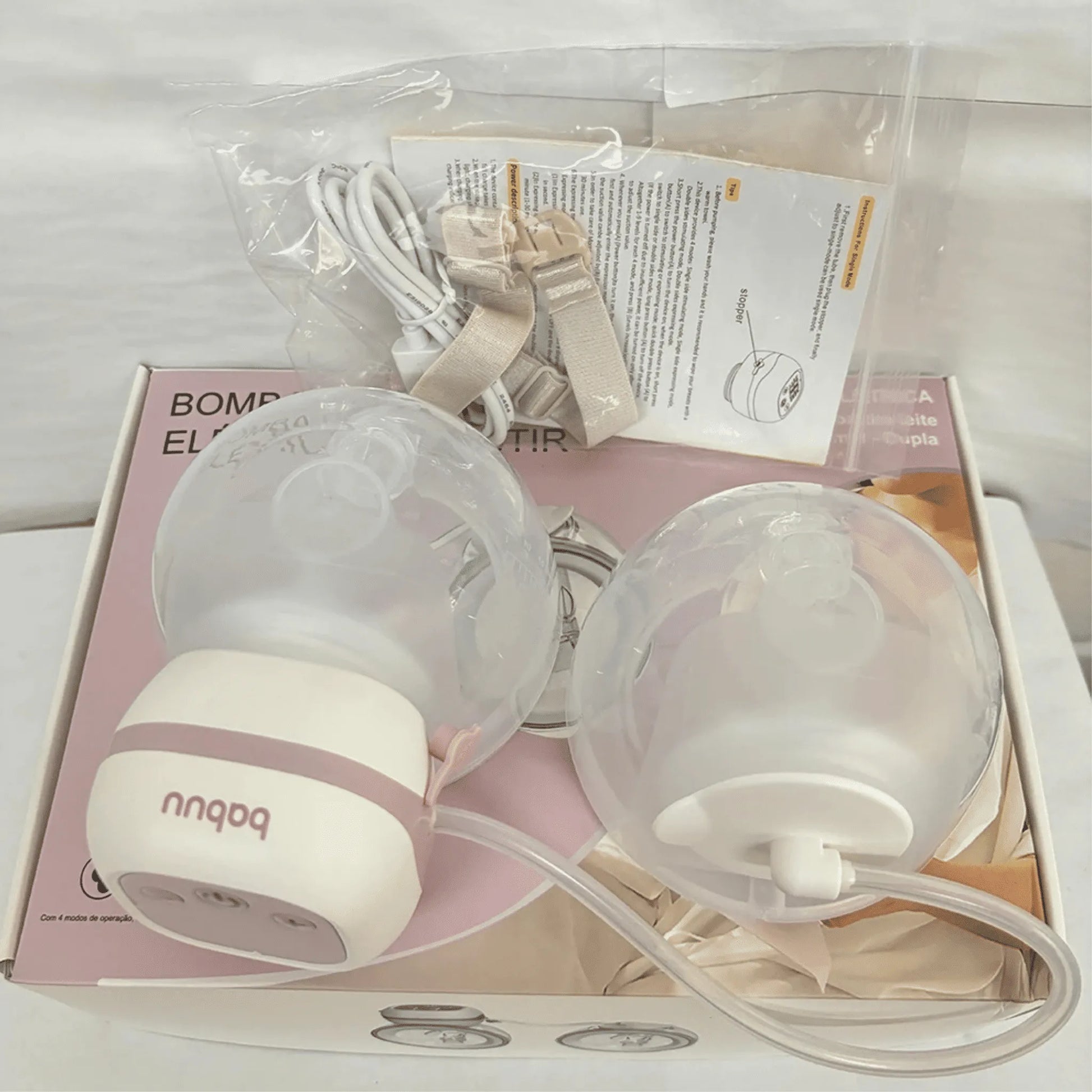 Kit completo da bomba tira leite elétrica Babuu Confort com acessórios, manual e cabos – Mamatela