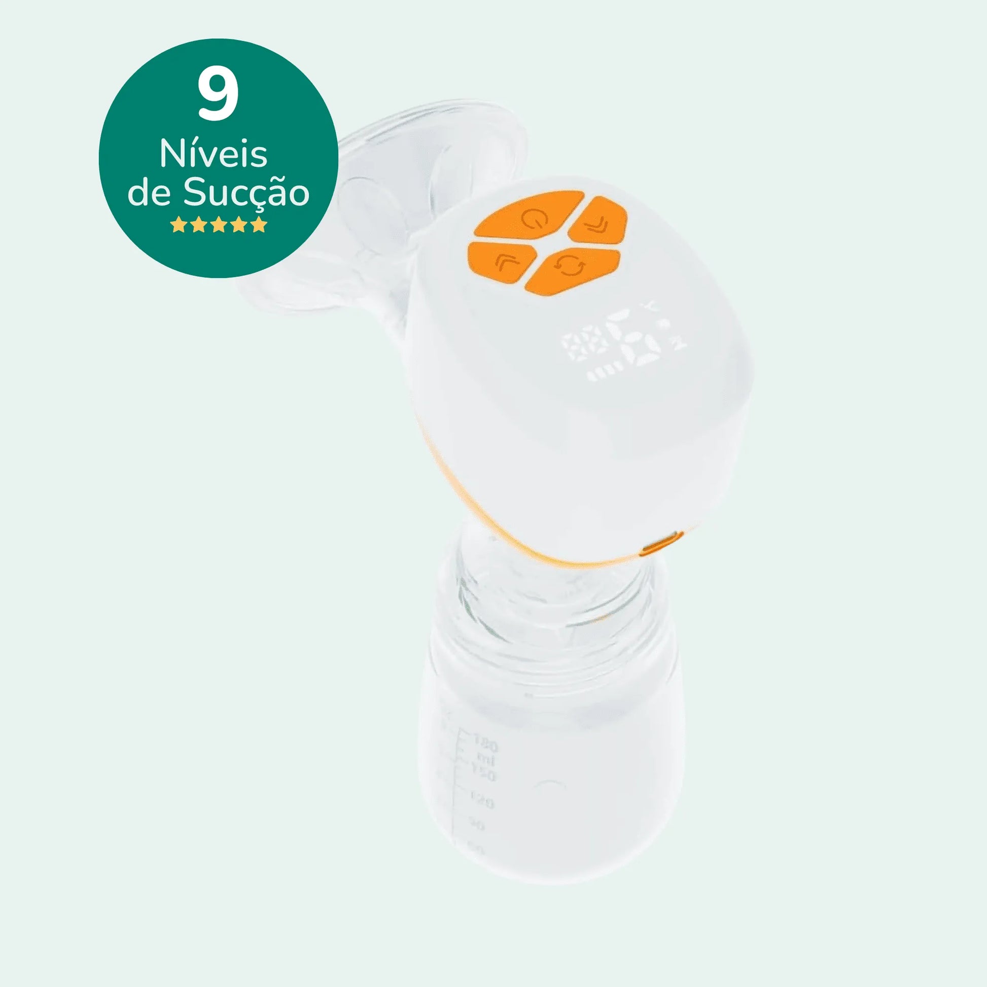 Detalhe da bomba tira-leite elétrica Mamatela mostrando 3 modos e 9 níveis de sucção com controle fácil e preciso.