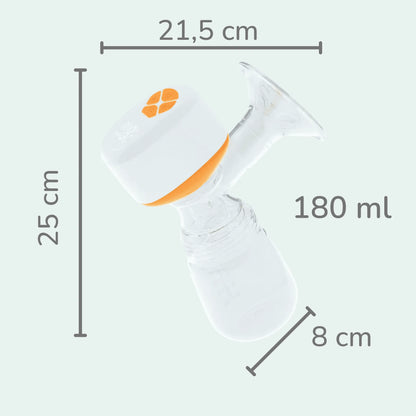 Medidas da bomba tira-leite elétrica Mamatela com capacidade de 240ml e design ergonômico que se adapta ao corpo.
