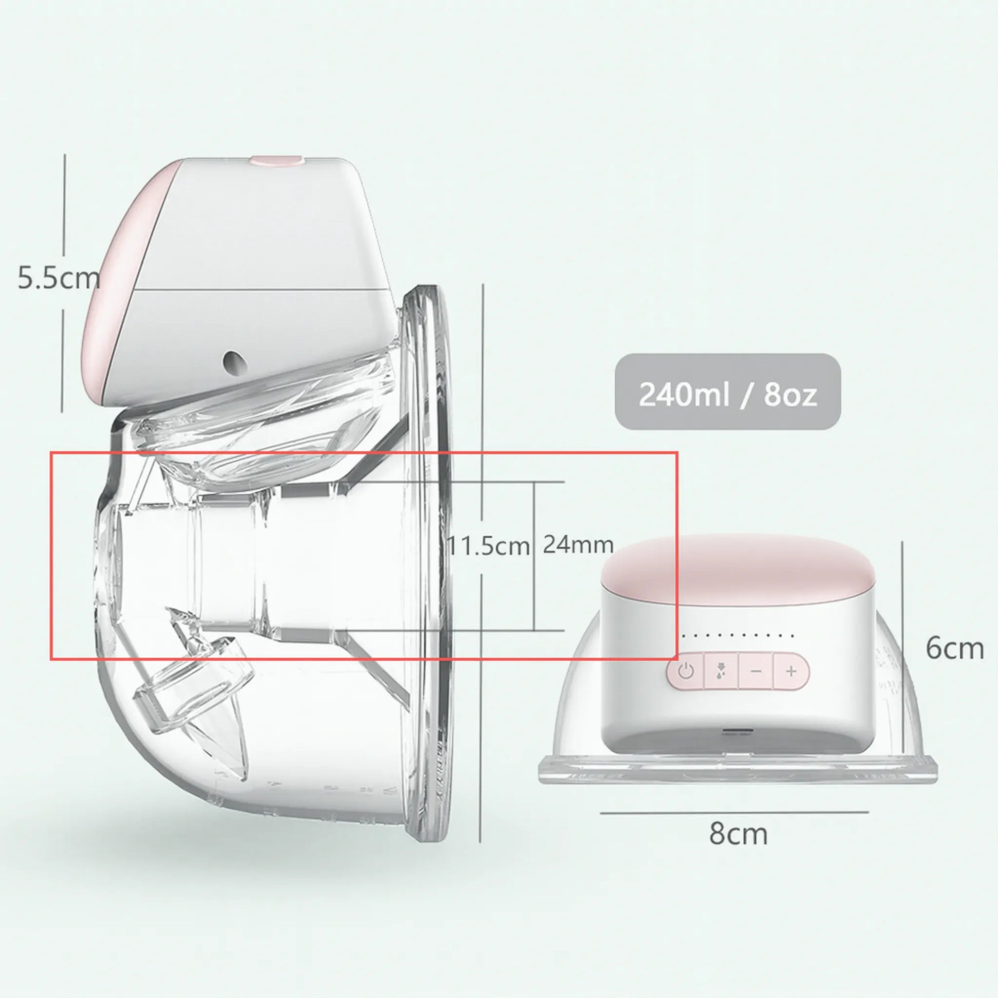 Medidas da bomba tira-leite elétrica Mamatela com capacidade de 240ml e design ergonômico que se adapta ao corpo.