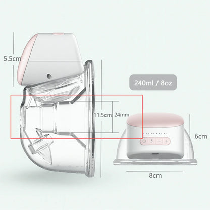 Medidas da bomba tira-leite elétrica Mamatela com capacidade de 240ml e design ergonômico que se adapta ao corpo.