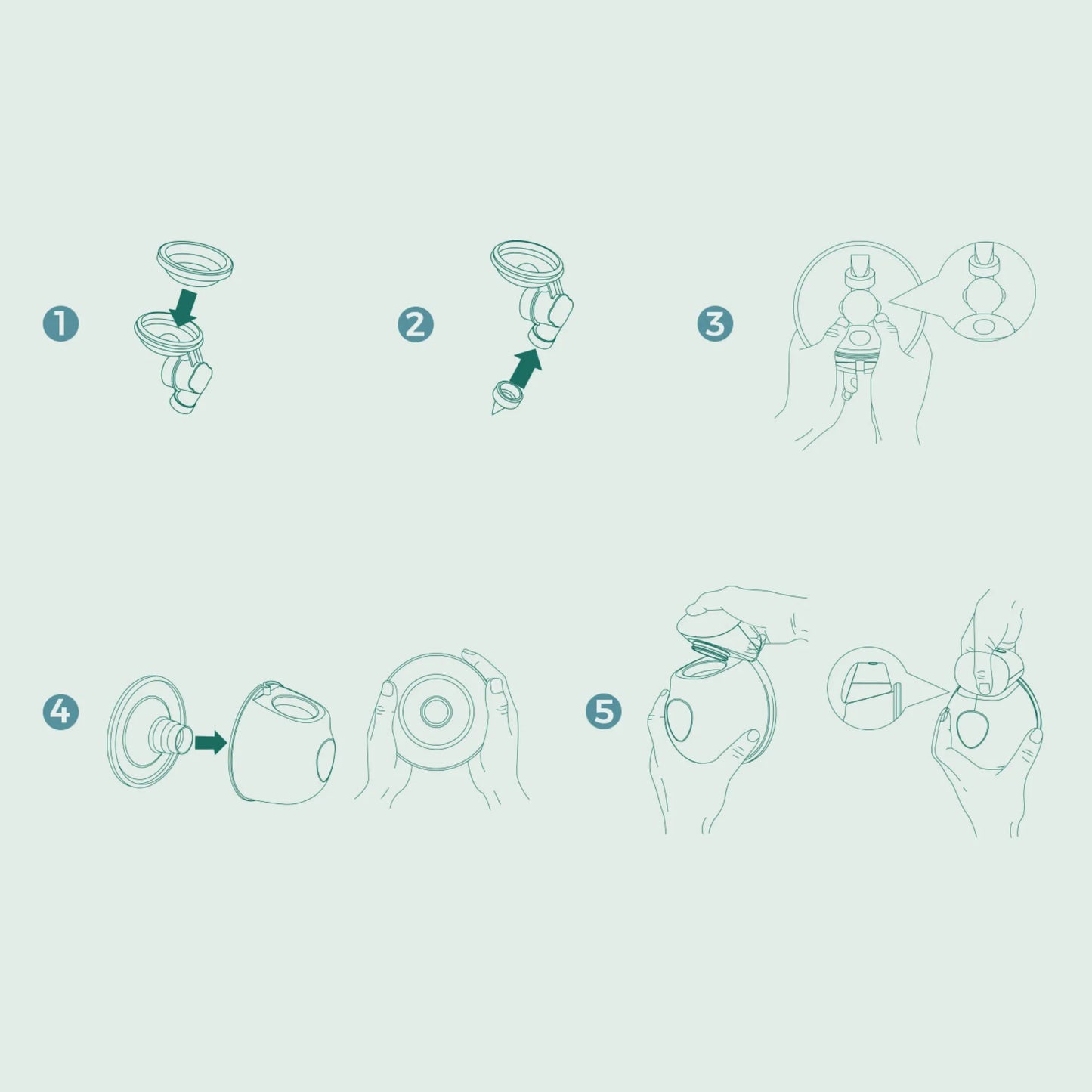 Ilustração mostrando passo a passo de montagem e limpeza fácil da bomba tira-leite elétrica Mamatela.