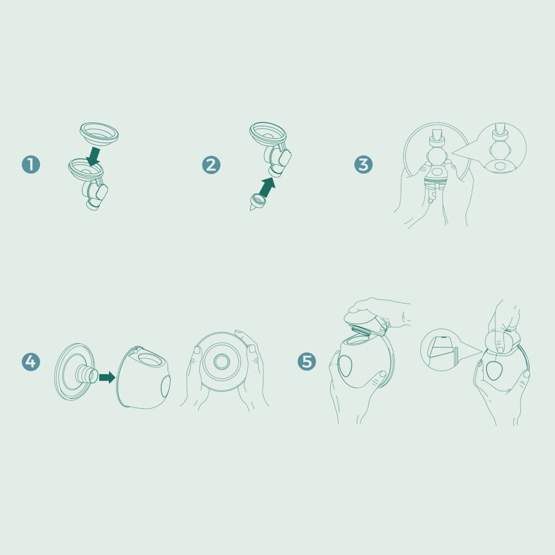 Ilustração mostrando passo a passo de montagem e limpeza fácil da bomba tira-leite elétrica Mamatela.