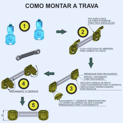 Guia passo a passo mostrando como montar e travar a trava de gaveta bebê Baby Safe.