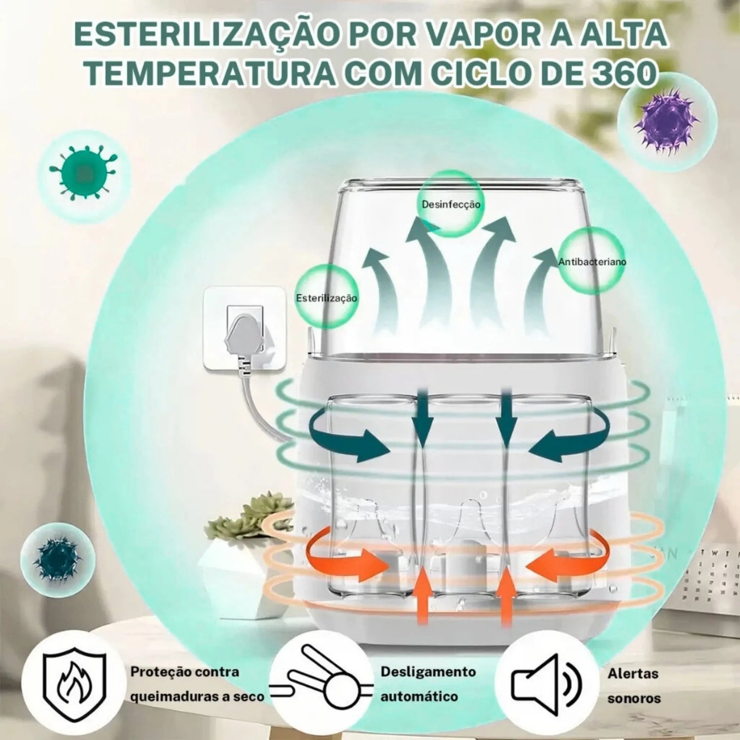 Esterilizador de mamadeira Heats Up Pro com esterilização por vapor 360°, proteção contra superaquecimento e desligamento automático.