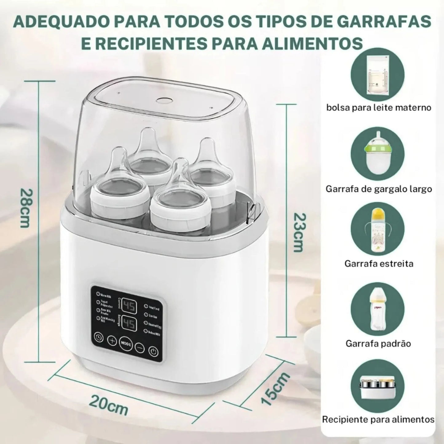 Aquecedor e esterilizador de mamadeira elétrico Heats Up Pro com dimensões detalhadas, compatível com todos os tipos de garrafas e recipientes. Aquecedor de mamadeira portátil.