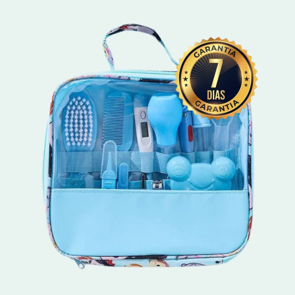 kit higiene bebê azul com selo de garantia, ideal para cuidados completos do bebê