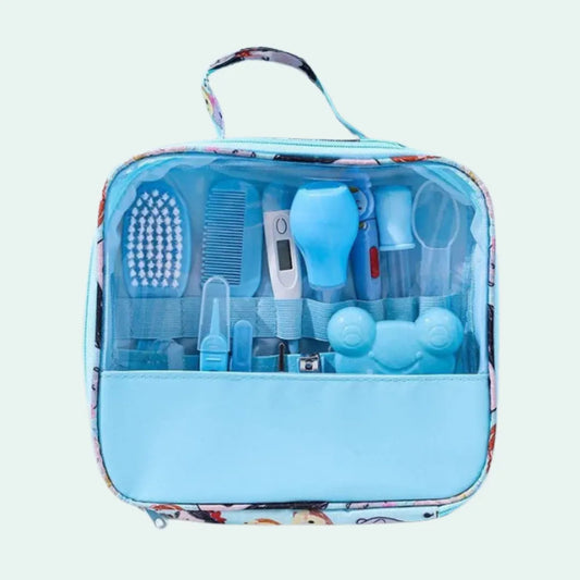 kit higiene bebê com estojo organizador aberto, mantém os itens de higiene do bebê sempre organizados