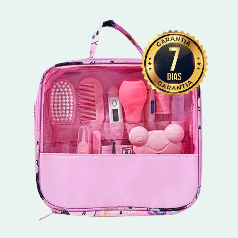 kit higiene bebê com estojo organizador e selo de garantia, ideal para cuidados diários do bebê