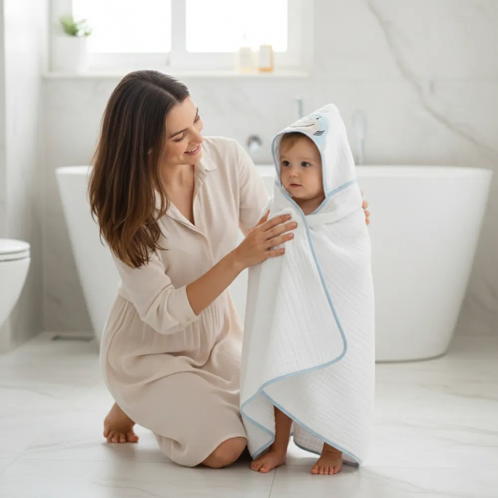 Bebê enrolado na toalha de banho bebe branca com detalhes azuis após o banho no banheiro.