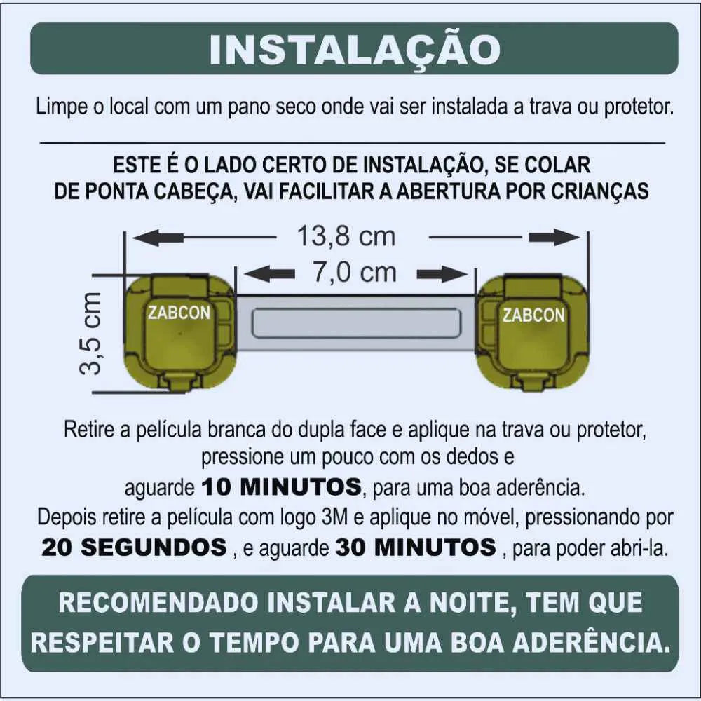 Instruções detalhadas de instalação da trava gaveta bebê Baby Safe com adesivo 3M.