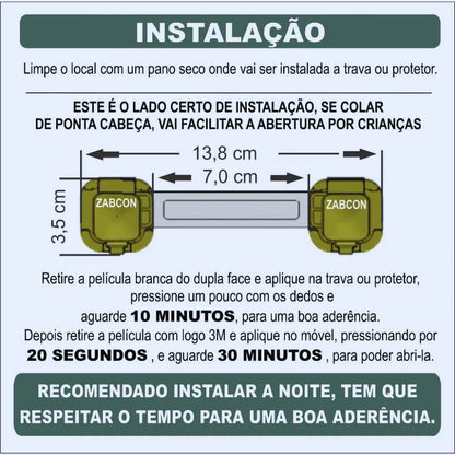 Instruções detalhadas de instalação da trava gaveta bebê Baby Safe com adesivo 3M.